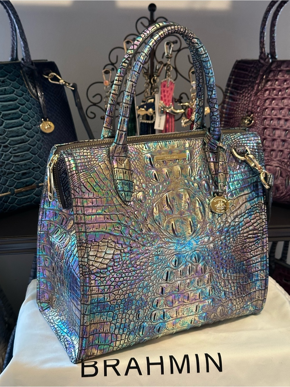 Brahmin Mother of Pearl Holographic, Iridescent Large Caroline